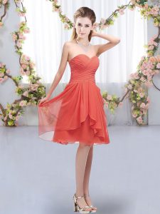 Great Coral Red Lace Up Quinceanera Court Dresses Ruffles and Ruching Sleeveless Knee Length