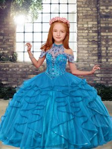 Most Popular Floor Length Ball Gowns Sleeveless Teal Child Pageant Dress Lace Up