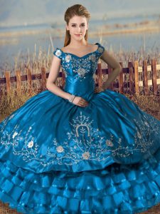 Sleeveless Satin and Organza Floor Length Lace Up Quince Ball Gowns in Teal with Embroidery and Ruffles
