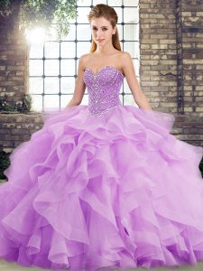 Chic Lavender Ball Gowns Beading and Ruffles Quinceanera Gowns Lace Up Tulle Sleeveless