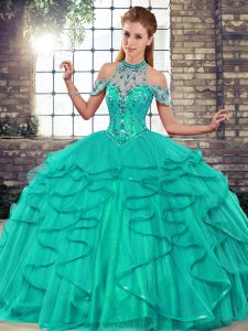 Ball Gowns Quinceanera Dress Turquoise Halter Top Tulle Sleeveless Floor Length Lace Up