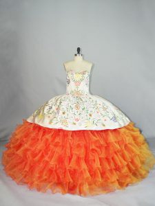 Edgy Orange Sweetheart Neckline Embroidery and Ruffles 15 Quinceanera Dress Sleeveless Lace Up