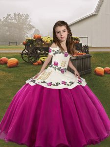 Floor Length Lace Up Little Girl Pageant Gowns Fuchsia for Party and Wedding Party with Embroidery