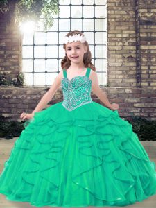Turquoise Ball Gowns Straps Sleeveless Tulle Floor Length Lace Up Beading Pageant Gowns For Girls