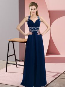 On Sale Beading Prom Evening Gown Navy Blue Backless Sleeveless Floor Length