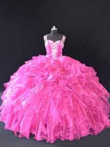 Glorious Straps Sleeveless Lace Up Quince Ball Gowns Fuchsia Organza