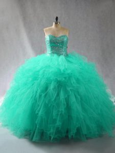 Turquoise Ball Gowns Beading and Ruffles Sweet 16 Dress Lace Up Tulle Sleeveless Floor Length