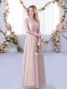 Comfortable Empire Bridesmaid Dress Pink V-neck Tulle Half Sleeves Floor Length Side Zipper