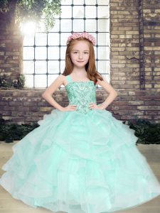 Apple Green Tulle Lace Up Straps Sleeveless Floor Length Kids Pageant Dress Beading and Ruffles