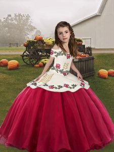 Floor Length Coral Red Pageant Gowns For Girls Organza Sleeveless Embroidery