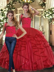 Red Two Pieces Tulle Straps Sleeveless Ruffles Floor Length Lace Up Sweet 16 Dress