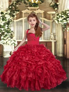 Floor Length Red Pageant Gowns For Girls Organza Sleeveless Ruffles