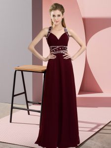 Custom Design Straps Sleeveless Evening Dress Floor Length Beading Burgundy Chiffon