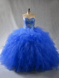 Glorious Sweetheart Sleeveless Quinceanera Dresses Floor Length Beading and Ruffles Royal Blue Tulle