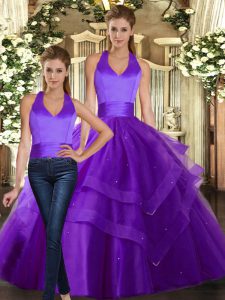Best Selling Purple Lace Up Strapless Ruffled Layers Quinceanera Dresses Tulle Sleeveless