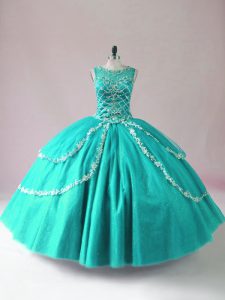 Low Price Turquoise Sleeveless Tulle Zipper Quinceanera Dresses for Sweet 16 and Quinceanera