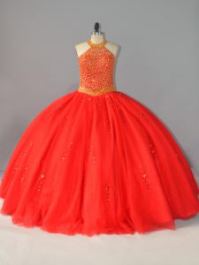 Sleeveless Floor Length Beading Lace Up Quinceanera Dresses with Red
