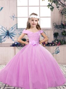Elegant Lilac Sleeveless Floor Length Lace and Belt Lace Up Kids Pageant Dress