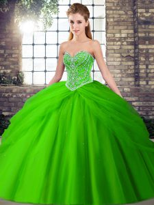 Traditional Green Sweetheart Lace Up Beading and Pick Ups Quinceanera Dress Brush Train Sleeveless