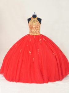 Sleeveless Floor Length Beading and Appliques Lace Up Quinceanera Dress with Red