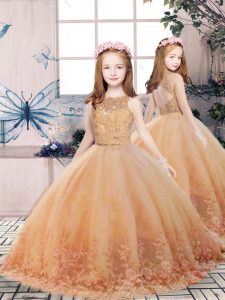 Gold Scoop Backless Lace and Appliques Little Girls Pageant Gowns Sleeveless
