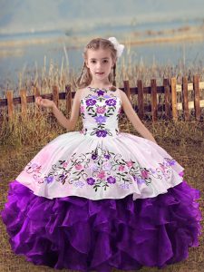 Ball Gowns Kids Pageant Dress Purple Scoop Organza Sleeveless Floor Length Lace Up