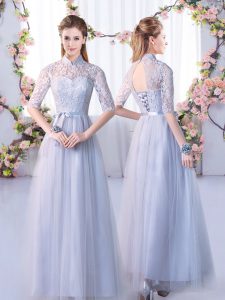 Grey Empire Lace Wedding Party Dress Lace Up Tulle Half Sleeves Floor Length