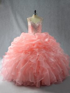 Discount Peach Sleeveless Beading and Ruffles and Pick Ups Floor Length Ball Gown Prom Dress
