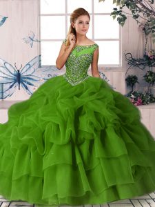 Sophisticated Ball Gowns Sleeveless Green Quinceanera Gown Brush Train Zipper