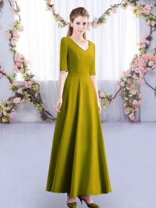 Olive Green Empire Satin V-neck Half Sleeves Ruching Ankle Length Zipper Bridesmaid Gown