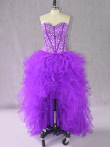 Admirable Purple Sleeveless High Low Beading and Ruffles Lace Up