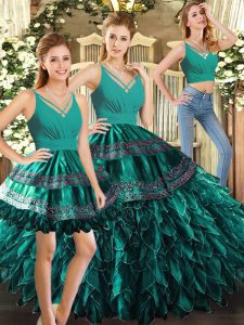 Stylish Sleeveless Floor Length Appliques and Ruffles Backless Sweet 16 Dresses with Turquoise