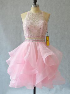 Ideal Mini Length Backless Prom Dress Baby Pink for Prom and Party with Beading and Ruffles