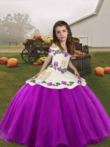 Purple Organza Lace Up Child Pageant Dress Sleeveless Floor Length Embroidery