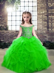 Off The Shoulder Sleeveless Lace Up Little Girl Pageant Gowns Green Tulle