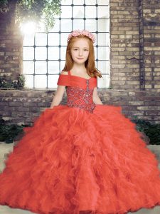 Red Lace Up Little Girls Pageant Gowns Beading Sleeveless Floor Length