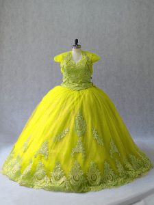 Yellow Green Sleeveless Appliques Lace Up Sweet 16 Dresses