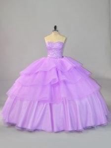 Lavender Lace Up Quince Ball Gowns Beading and Ruffled Layers Sleeveless