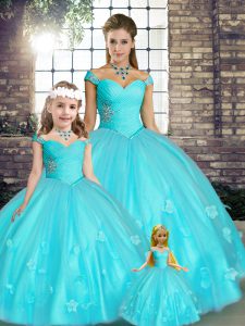 Captivating Sleeveless Tulle Floor Length Lace Up Ball Gown Prom Dress in Aqua Blue with Beading and Appliques