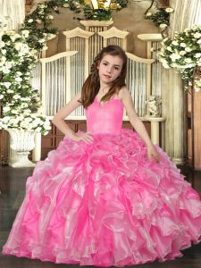 Rose Pink Straps Lace Up Ruffles Little Girls Pageant Dress Sleeveless