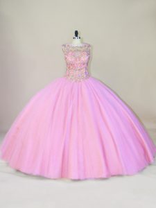 Sleeveless Tulle Lace Up Quinceanera Gowns in Pink with Beading
