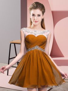 Customized Brown Chiffon Backless Prom Dress Sleeveless Mini Length Beading and Ruching