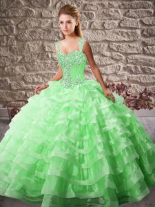 New Style Green Sleeveless Organza Court Train Lace Up Quinceanera Gowns for Sweet 16 and Quinceanera