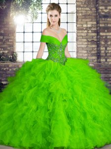 Eye-catching Sleeveless Floor Length Beading and Ruffles Lace Up 15 Quinceanera Dress with Green