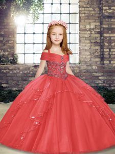 Tulle Sleeveless Floor Length Girls Pageant Dresses and Beading and Ruffles