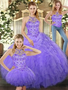Customized Floor Length Lace Up Ball Gown Prom Dress Lavender for Sweet 16 and Quinceanera with Beading and Ruffles