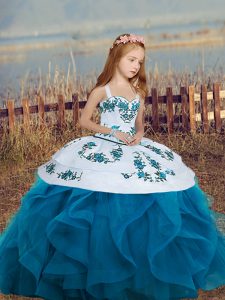 Blue Ball Gowns Embroidery and Ruffles Little Girl Pageant Gowns Lace Up Sleeveless Floor Length