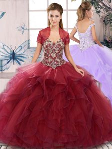 Superior Floor Length Ball Gowns Sleeveless Burgundy Quinceanera Gowns Lace Up