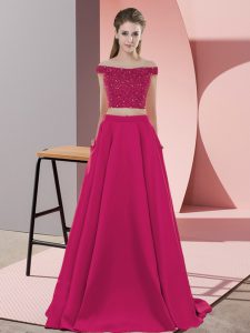 Off The Shoulder Sleeveless Sweep Train Backless Dress for Prom Hot Pink Elastic Woven Satin