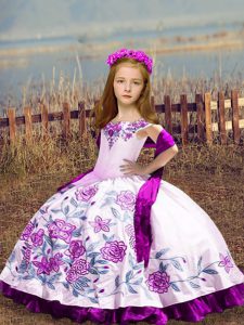 White Satin Lace Up Off The Shoulder Sleeveless Floor Length Kids Formal Wear Embroidery